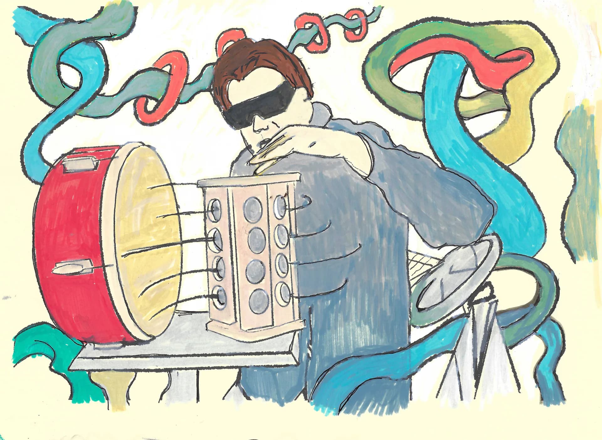 Colorful illustration of a musician with drum and swirling ribbons