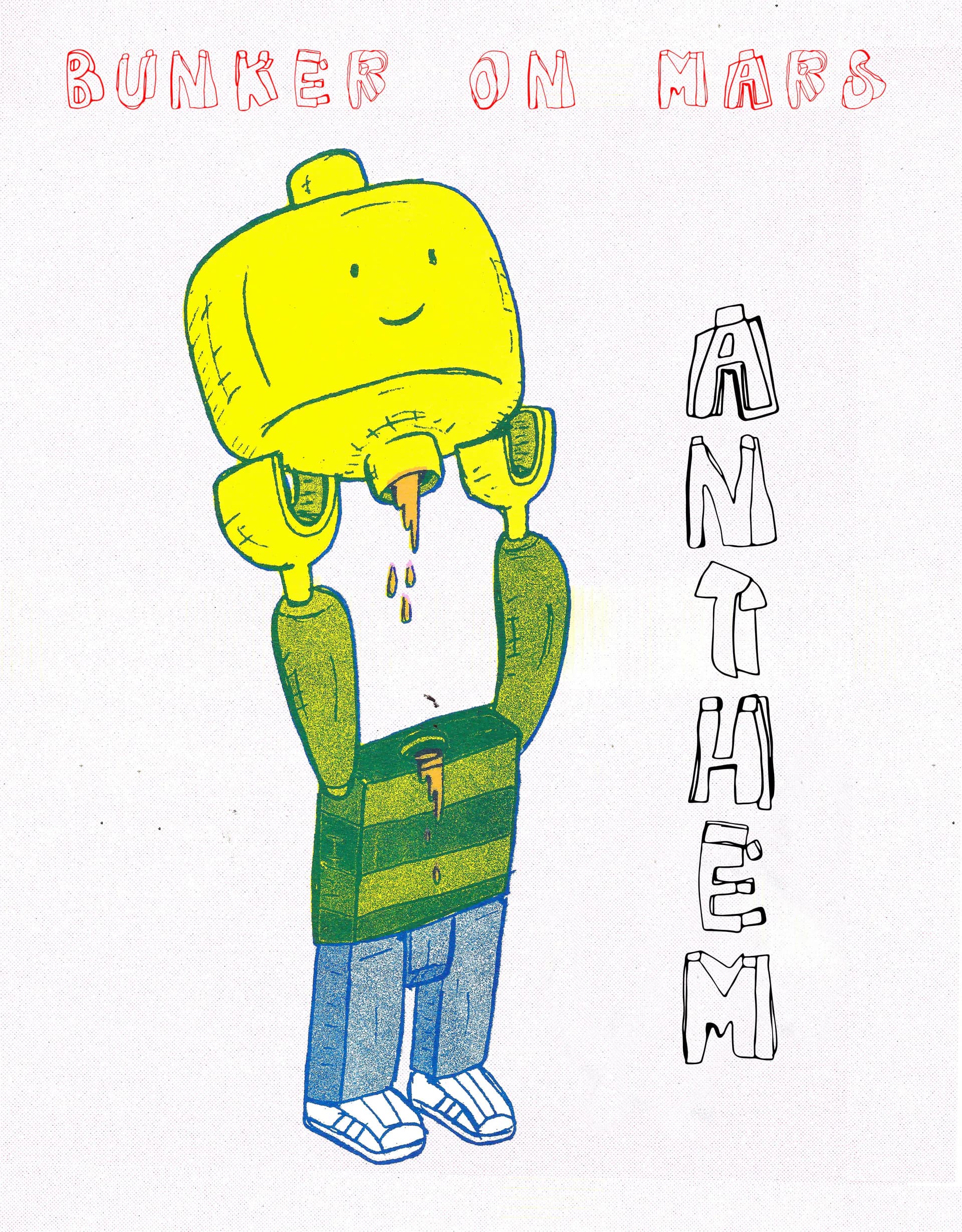 Bunker on Mars risograph-style illustration of a cartoon robot character