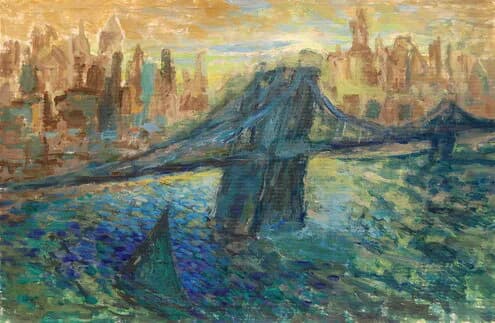 Expressionist painting of Brooklyn Bridge with Manhattan skyline in golden tones