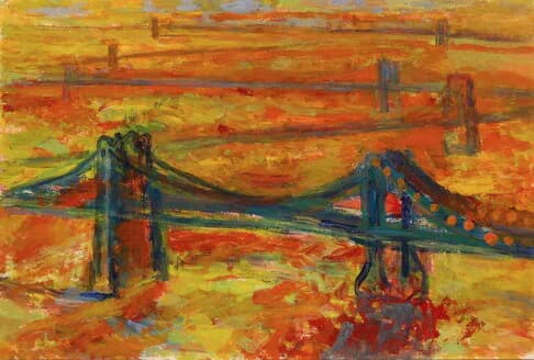 Two suspension bridges in vibrant orange and red tones
