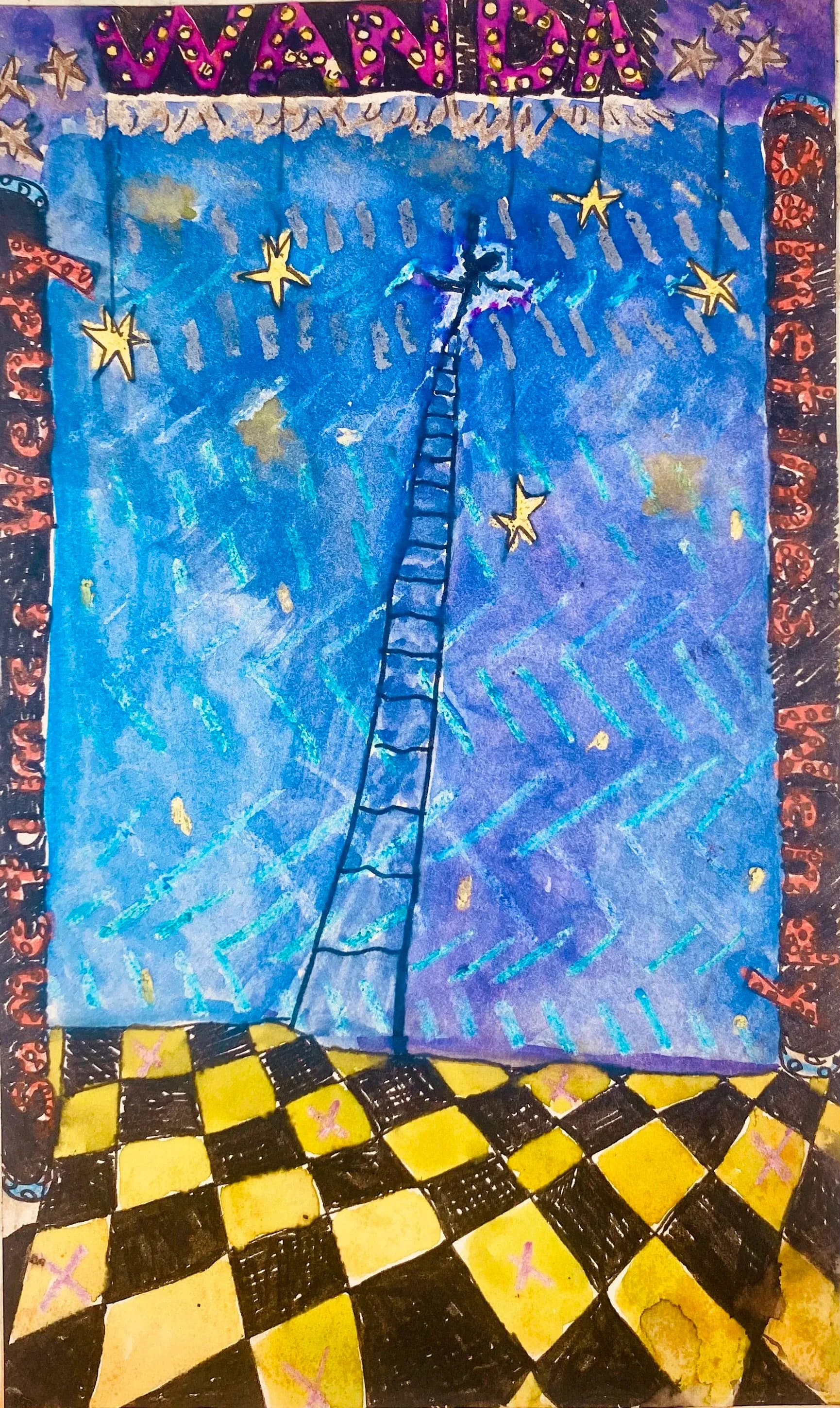 Two hands playing piano keys, mixed media drawing with expressive detail