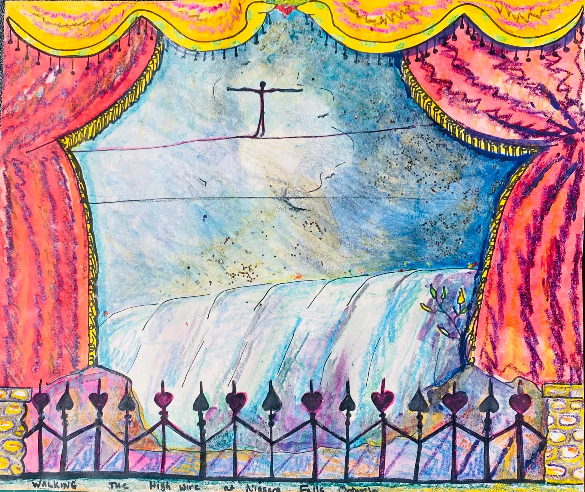 Tightrope walker above Niagara Falls framed by theatrical curtains, colorful mixed media