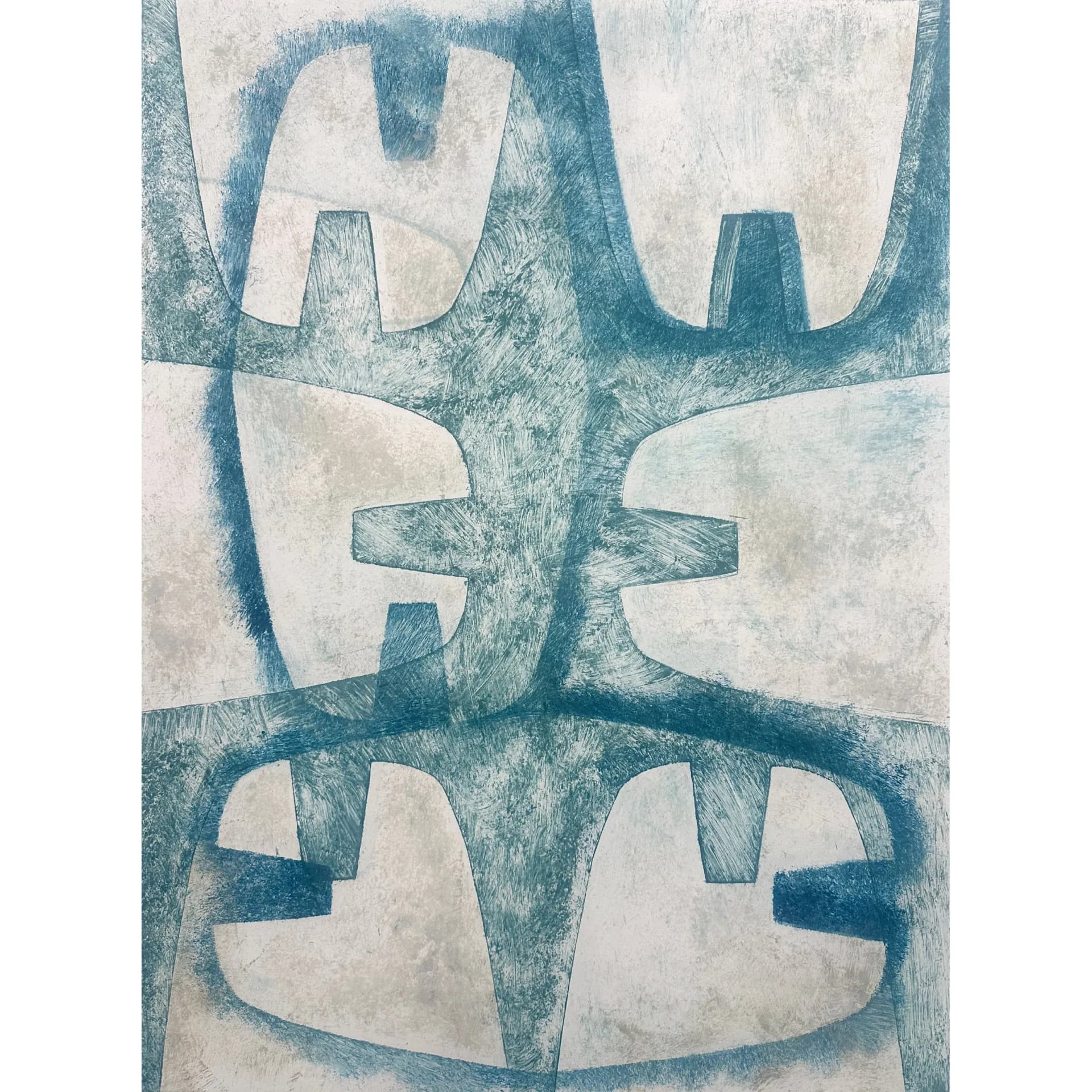 Large-scale abstract print in teal blue with interlocking geometric forms on white ground