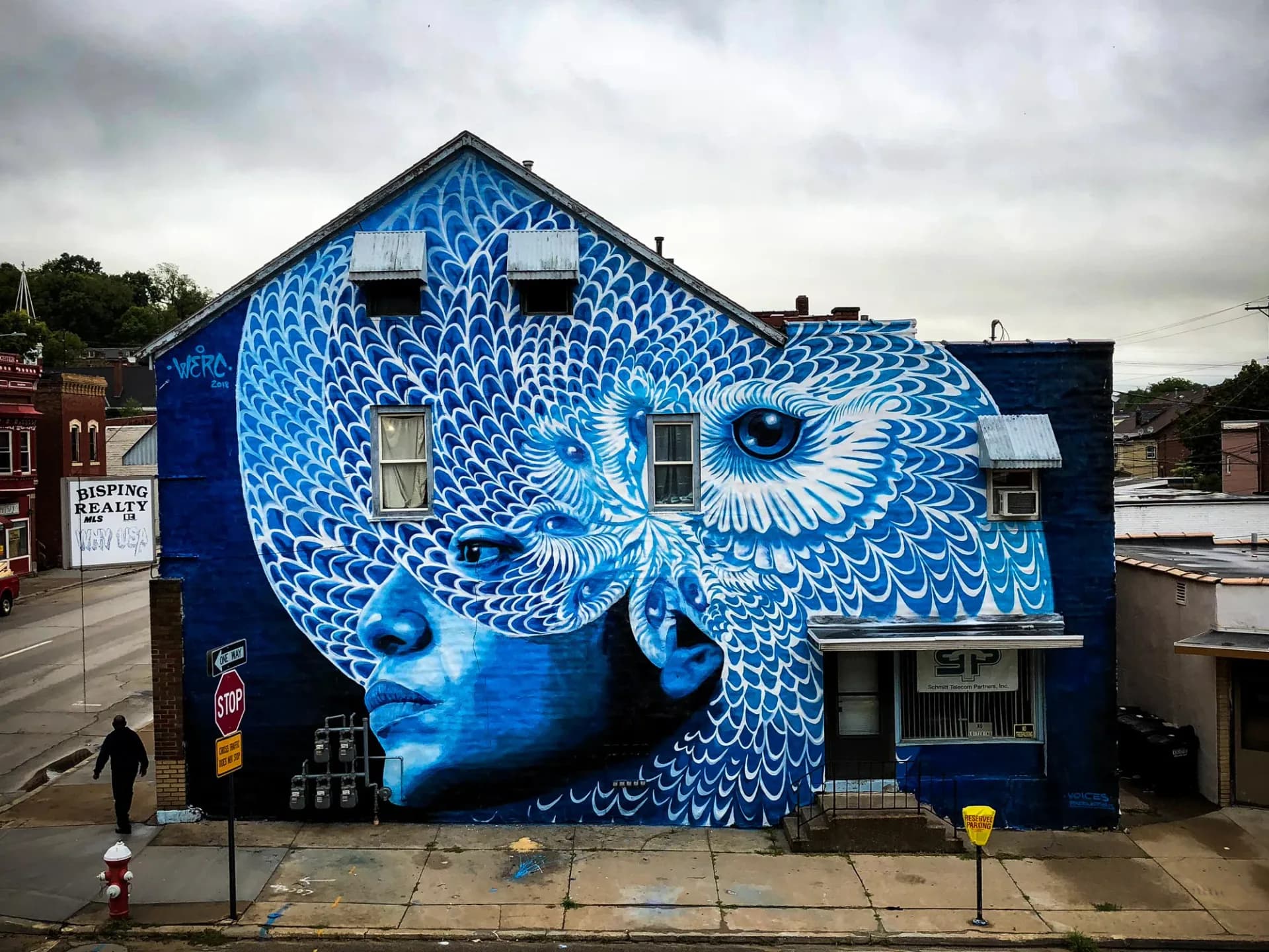 Large-scale blue mural of a human face merging with an owl, painted on the side of a building