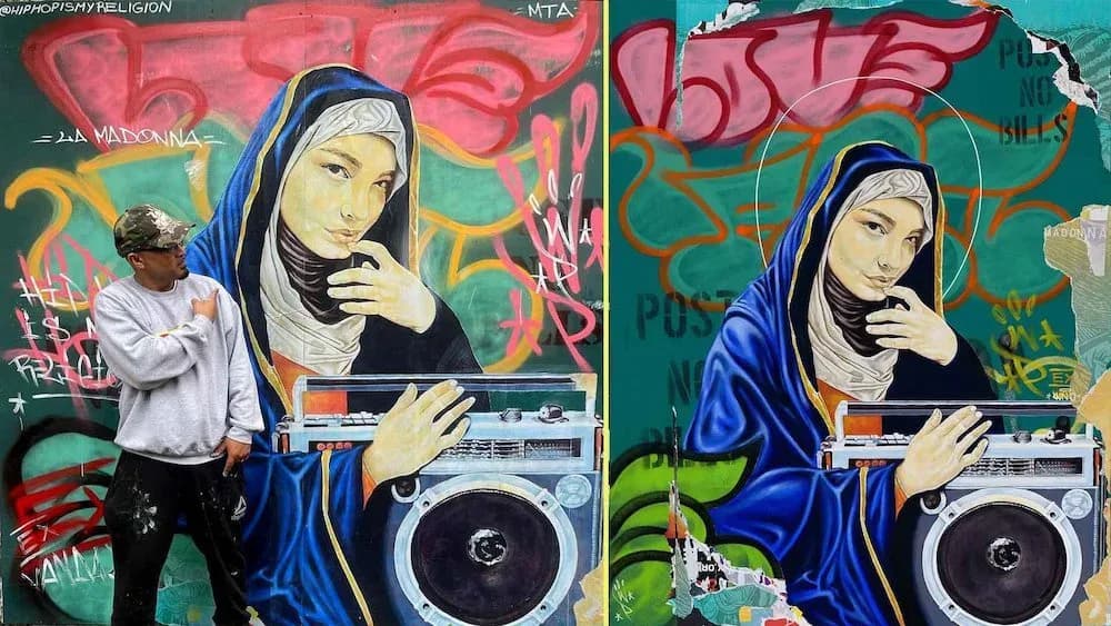 Diptych mural showing a figure in blue headwrap holding a boombox, rendered in black and white with vibrant pink and green background colors.