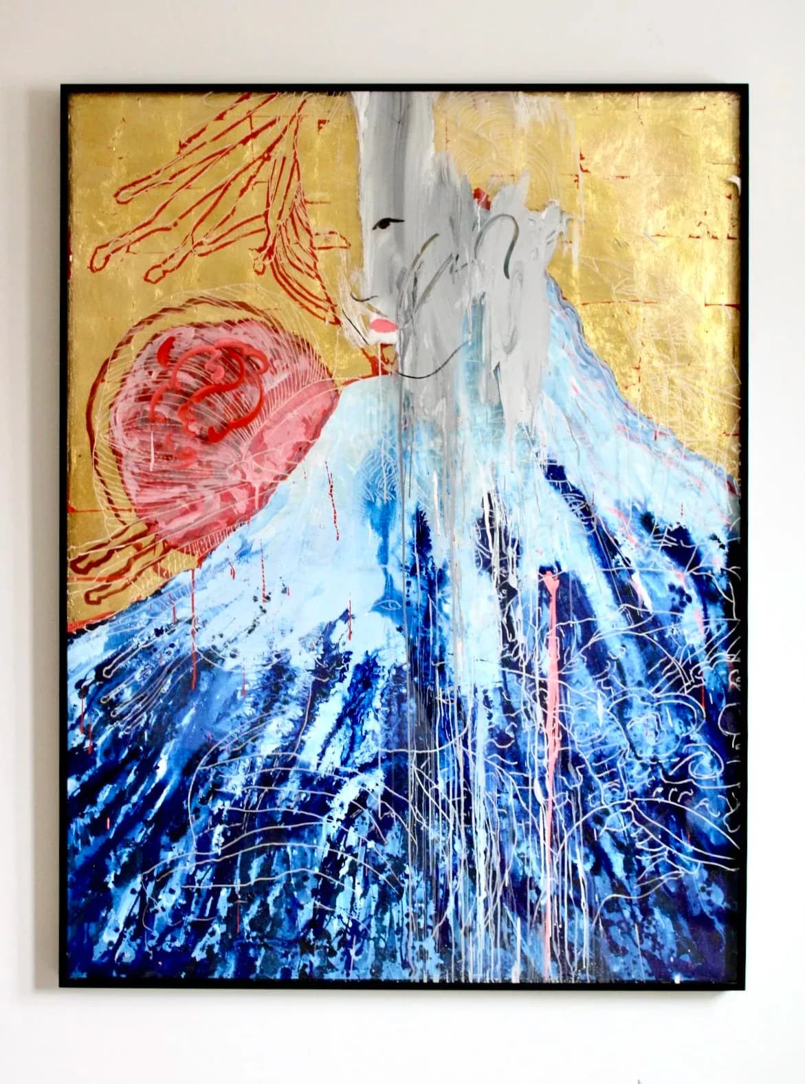 Large abstract painting with gold leaf background, figurative goddess form in blue and white with red fan motif