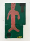 Pink Man - standing figure on green panels