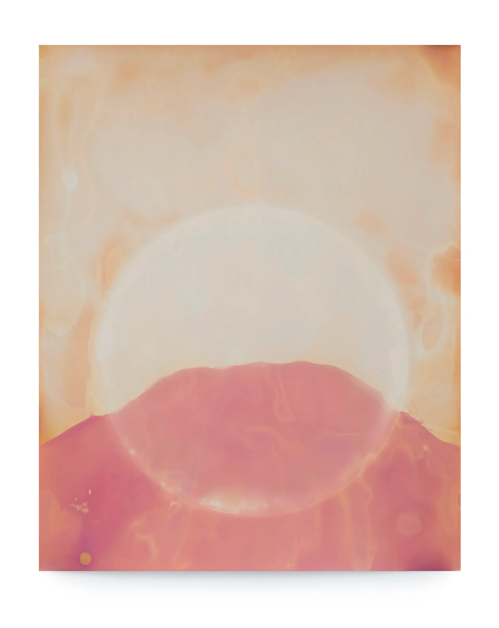 Diptych with large luminous white-cream orb radiating warm orange and pink tones