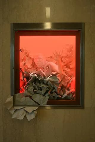 Mixed-media installation artwork: glowing orange-red backlit panel with abstract sculptural elements and draped cloth, mounted on gallery wall.