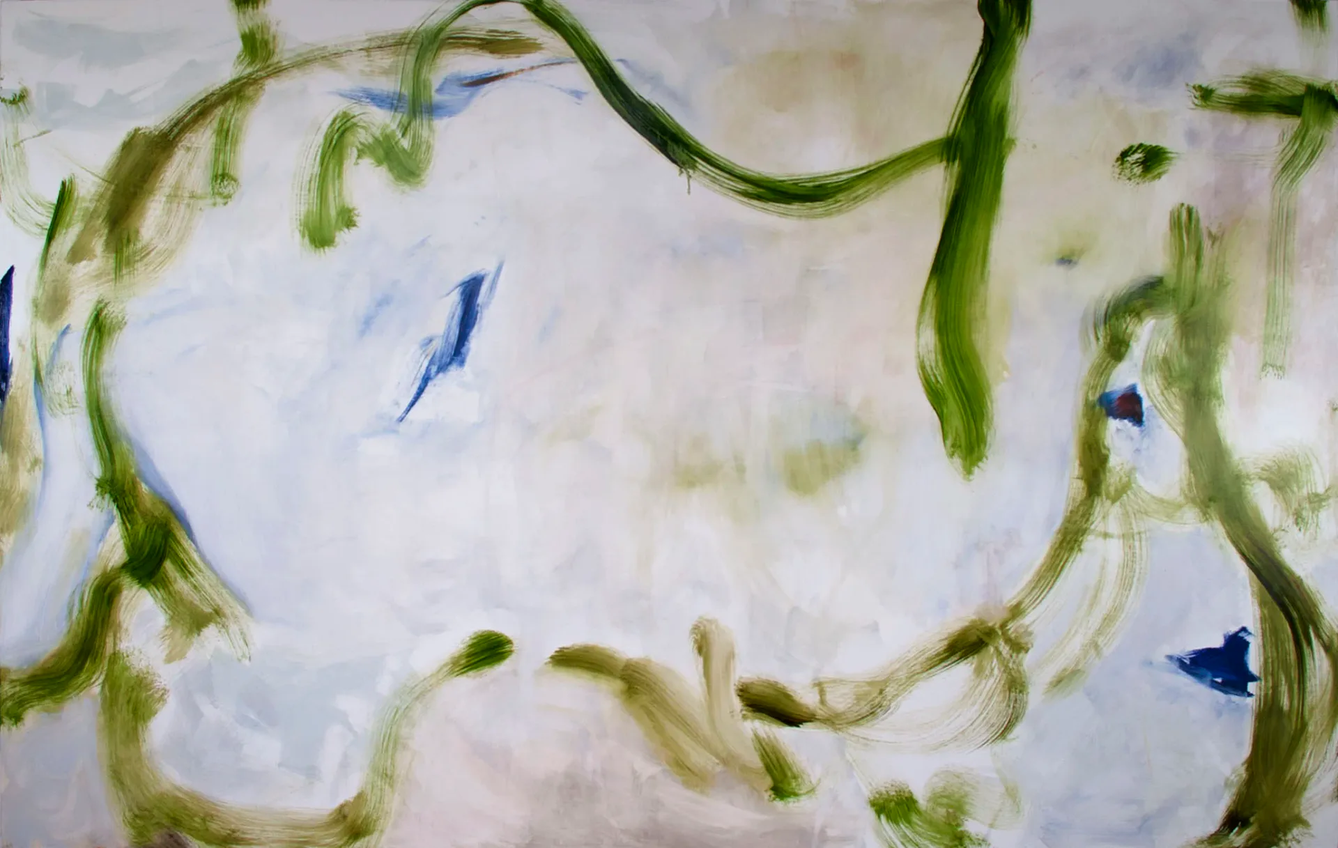 Large-scale triptych abstract painting in deep teal and blue with swirling gestural marks