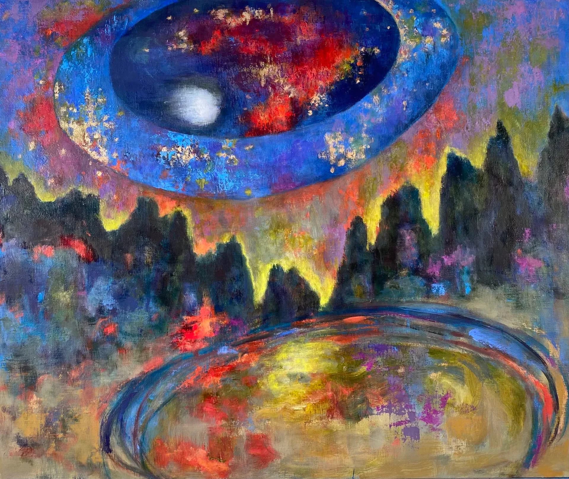 Abstract landscape painting with large blue disc over dark forest with glowing yellow light and reflective pool below