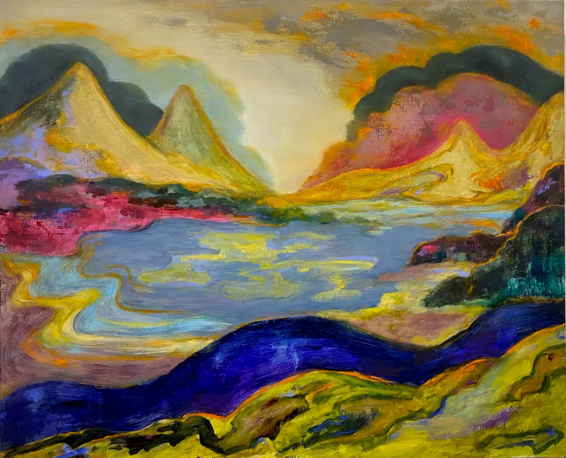 Vivid abstract landscape with yellow mountains, flowing river, and dramatic storm clouds in orange and dark tones