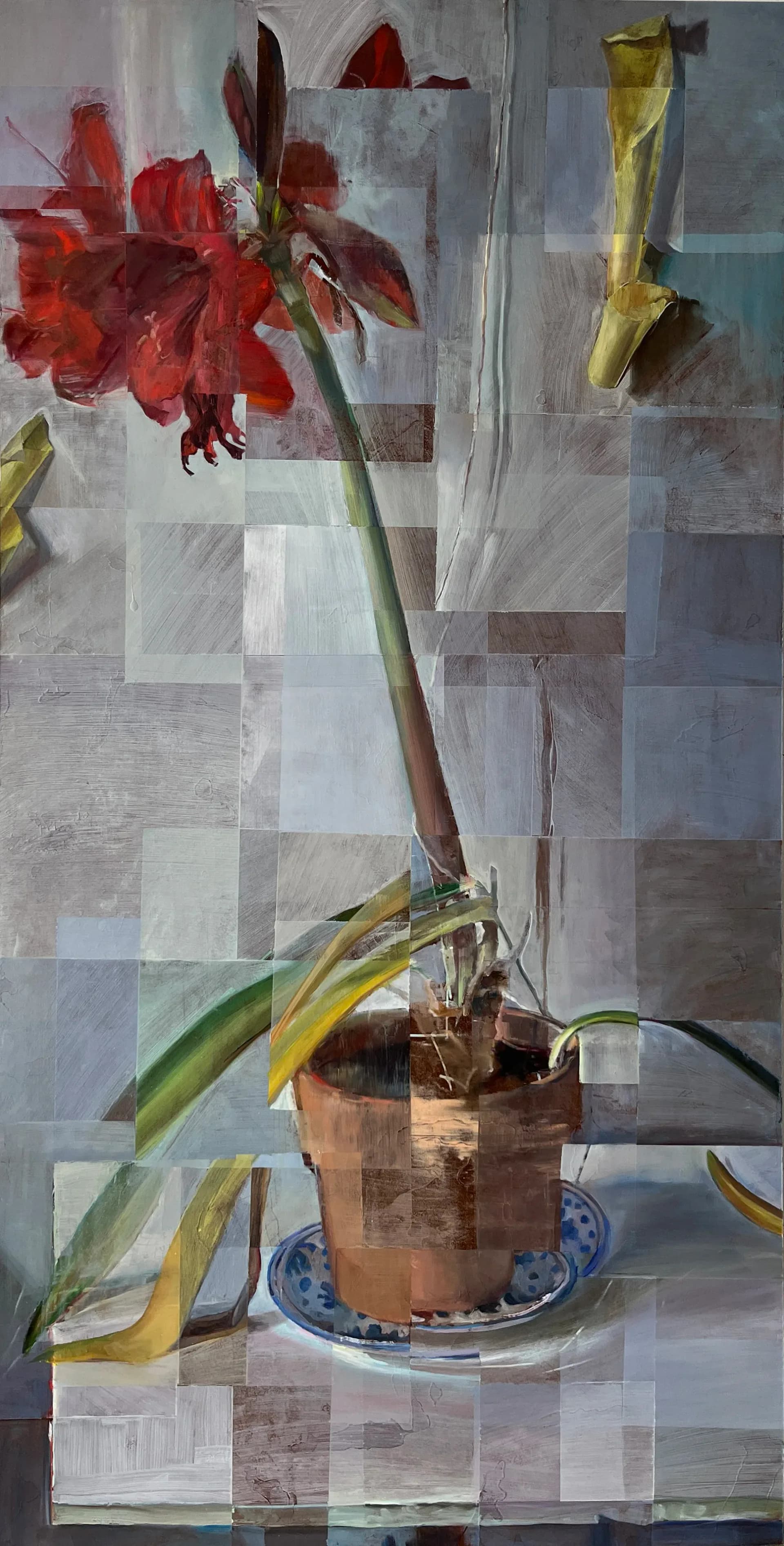 Large vertical pixelated still life painting of amaryllis in terracotta pot with red blooms