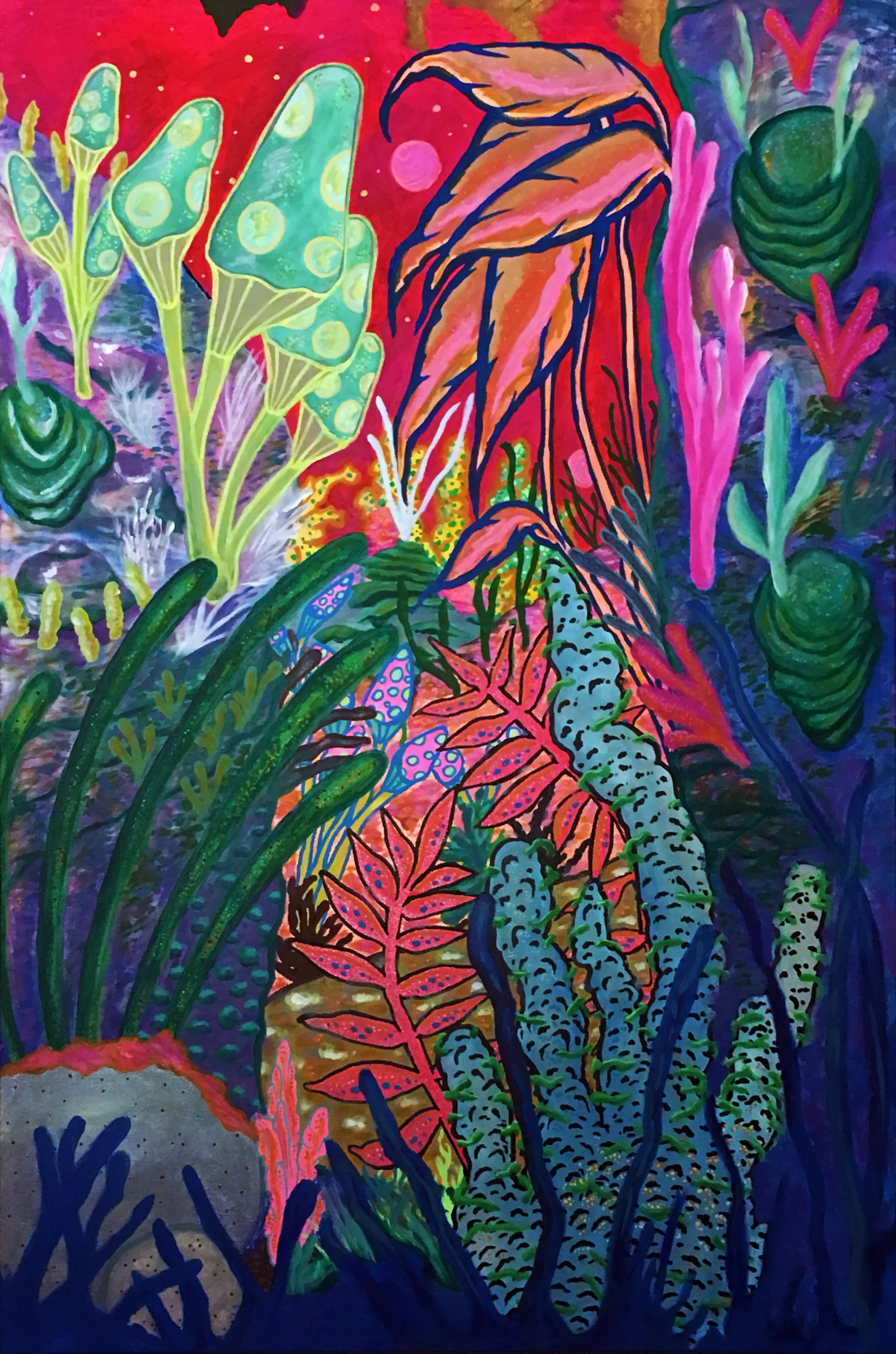 Large-scale psychedelic underwater botanical painting with vivid neon colors and dense foliage