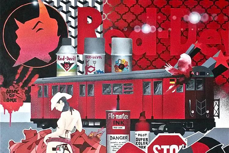 Mixed-media collage by Zimad featuring red and black geometric shapes, a stylized cat figure, vintage train car imagery, and layered paper elements on a patterned background.