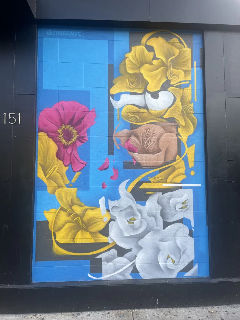 Mural on blue background featuring colorful flowers—pink, yellow, and white blooms—arranged with stylized leaves and abstract yellow curved forms, signed by Zimer.
