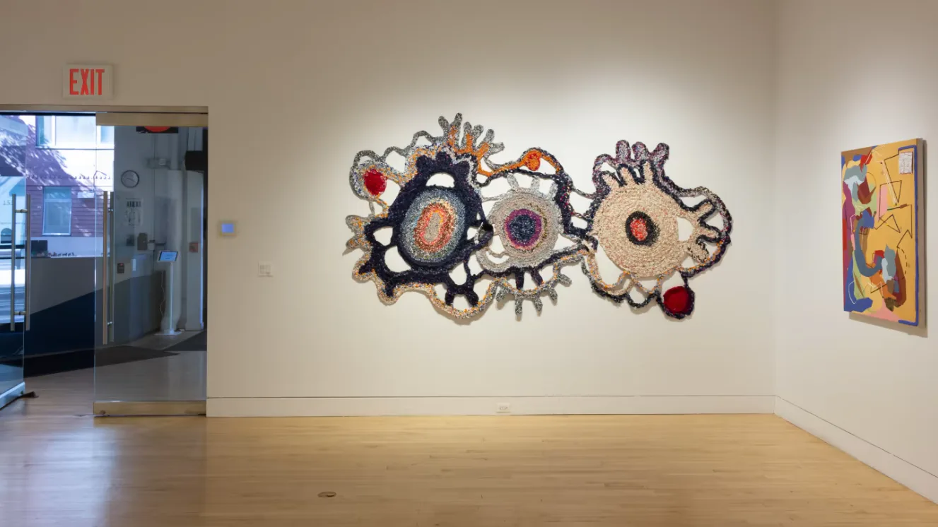 Large-scale fiber/textile wall installation with organic circular forms in a gallery