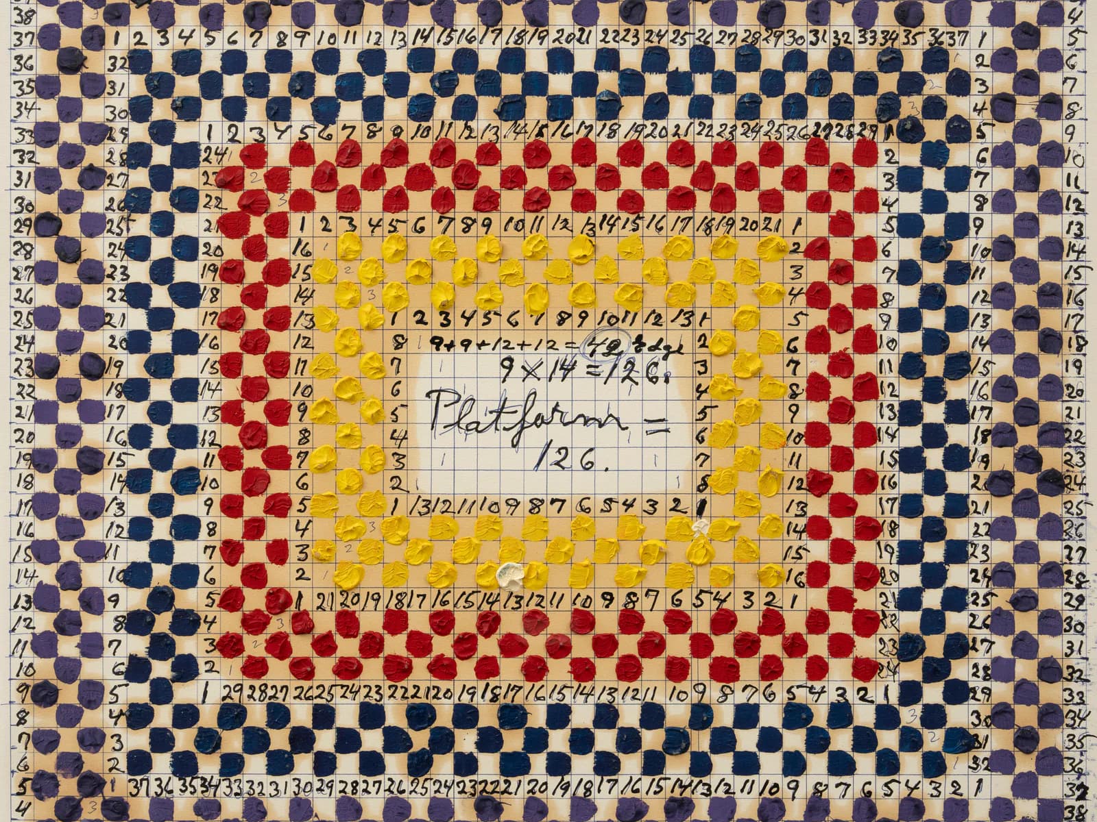 Textile or mixed-media work with concentric geometric patterns in blue, red, and yellow with handwritten text and numbers in center.