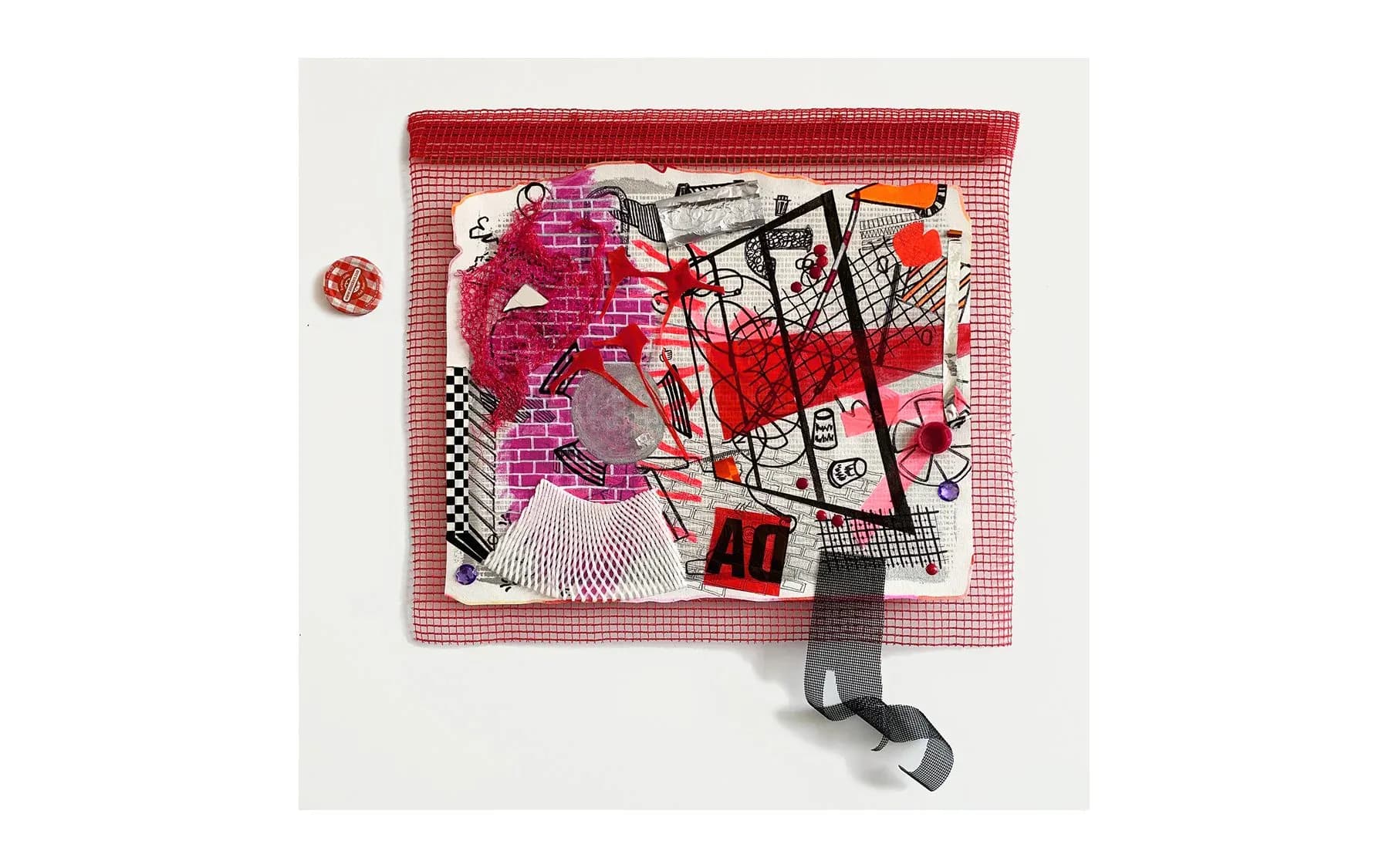 Mixed-media collage on pink checkered background featuring red silhouettes, geometric shapes, and a figure extending beyond the frame.