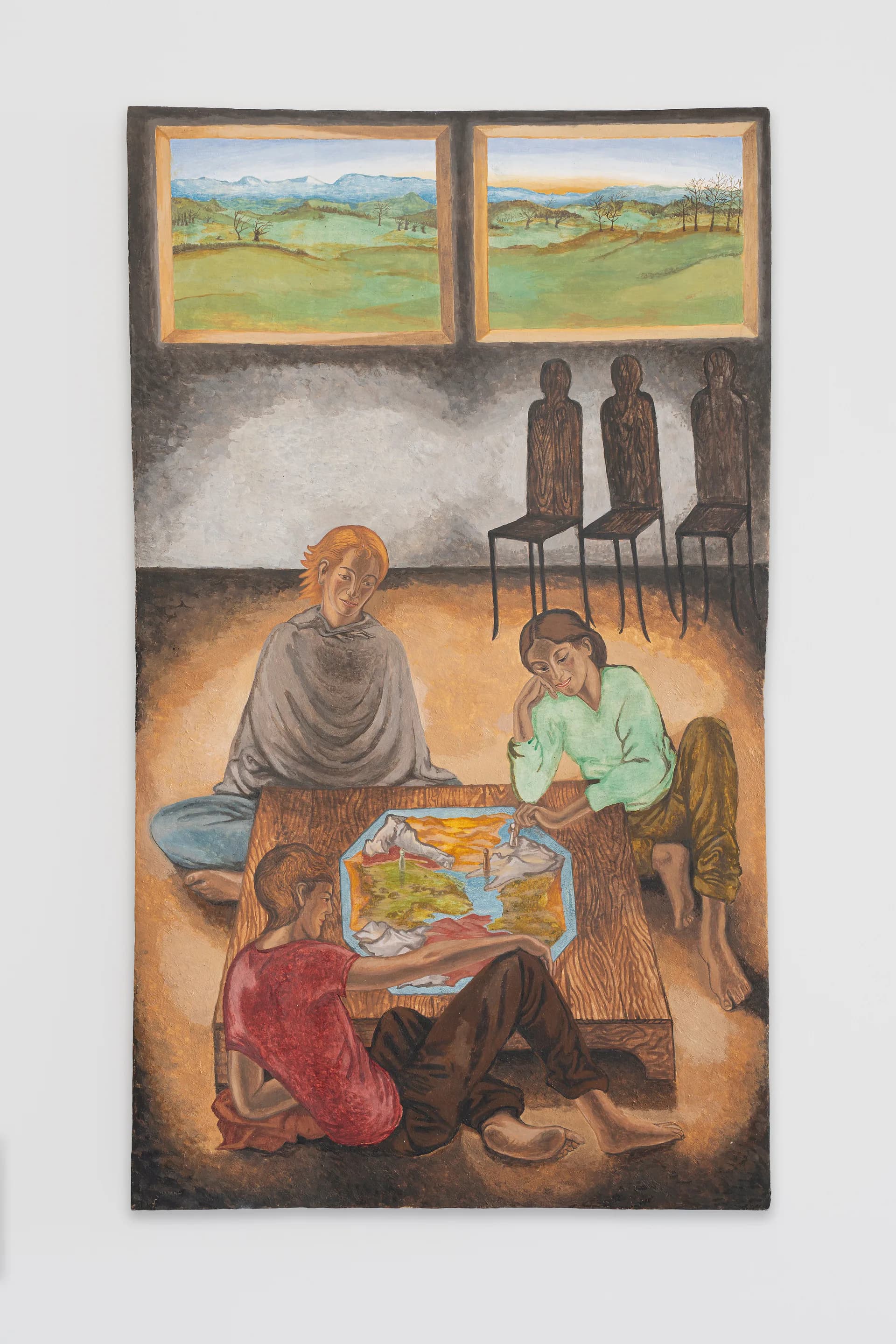Mixed-media artwork depicting three figures around a table with a map, seated beneath three empty chairs and two windows showing pastoral landscapes above.