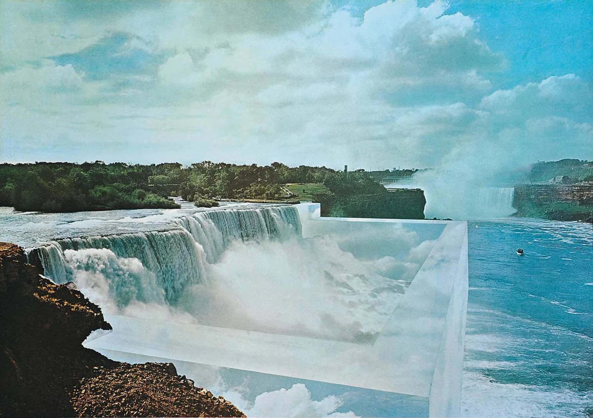 Surreal composite artwork featuring Niagara Falls with overlaid geometric white rectangular sections against blue sky and water.