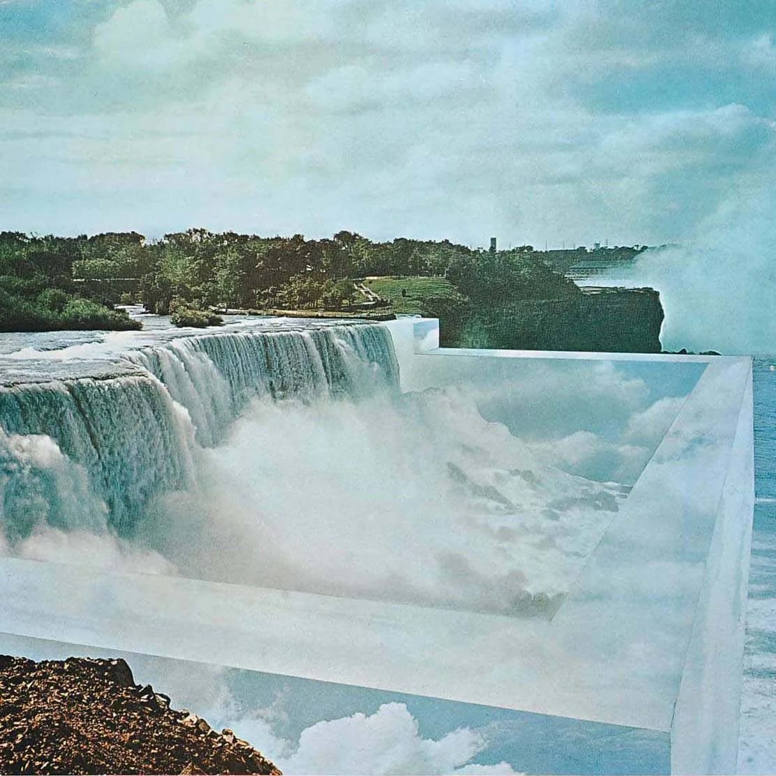 Surreal collage artwork of Niagara Falls landscape with translucent geometric white planes creating dimensional effect.