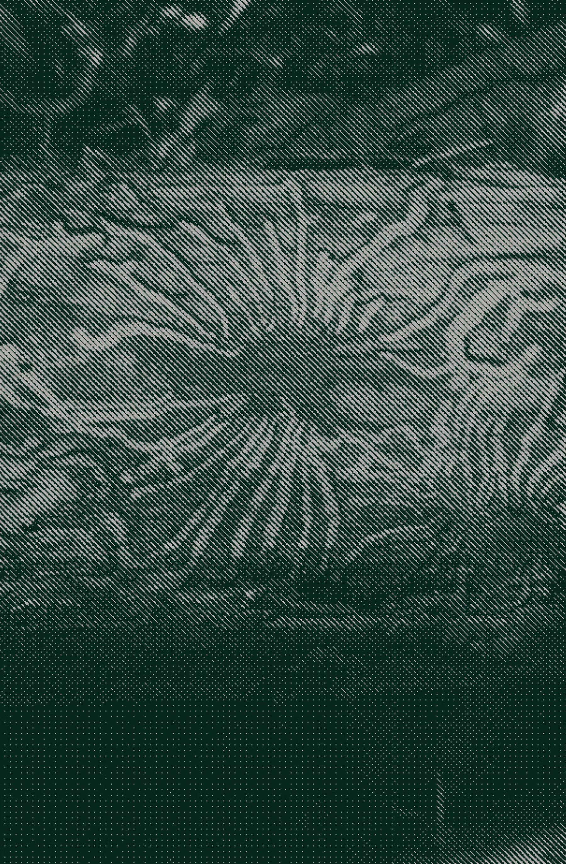 Abstract textile or woven artwork in dark and light green tones showing organic, radiating line patterns with layered mesh-like texture.