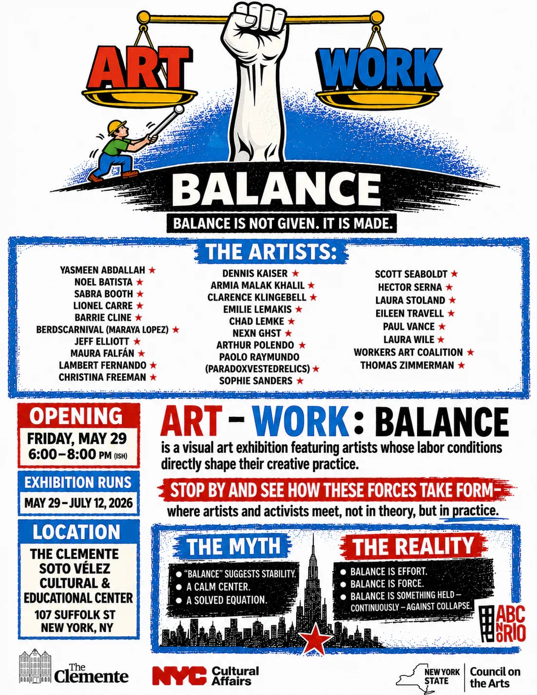 Exhibition poster for 'Art-Work: Balance' at The Clemente Cultural Center, featuring a raised fist on a scale balancing 'Art' and 'Work,' with artist names and event details in bold typography.