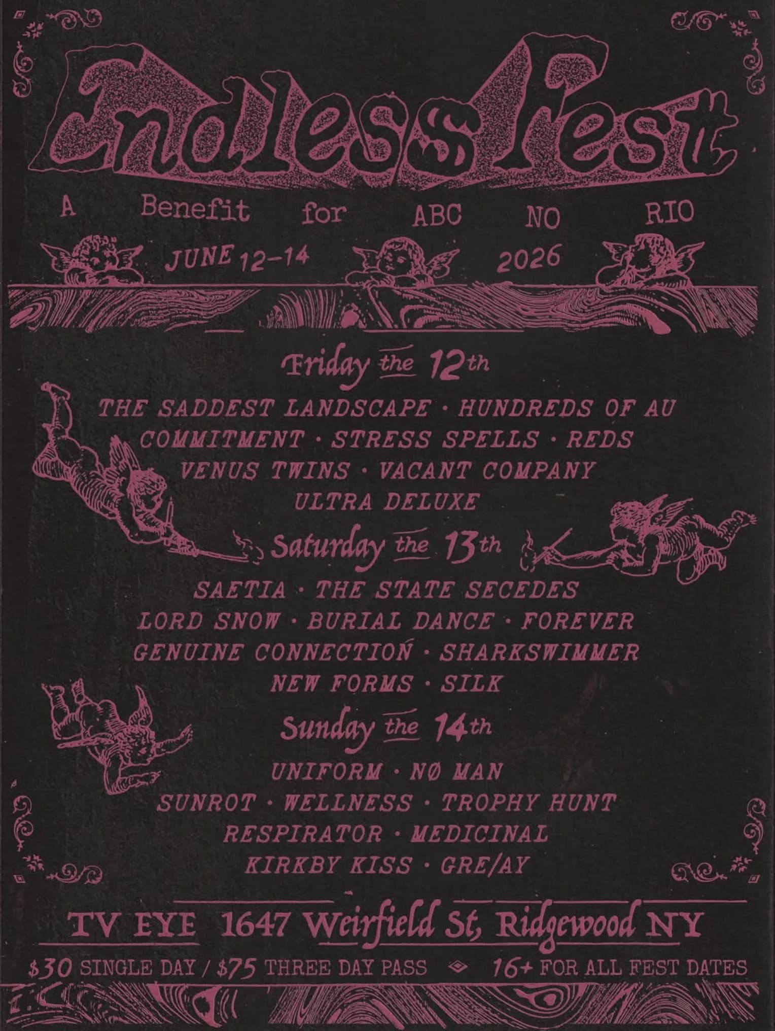 Dark purple poster for 'Endless Fest' benefit for ABC No Rio, June 12-14, 2026, featuring ornate pink lettering and band names across three days with venue address and ticket pricing.