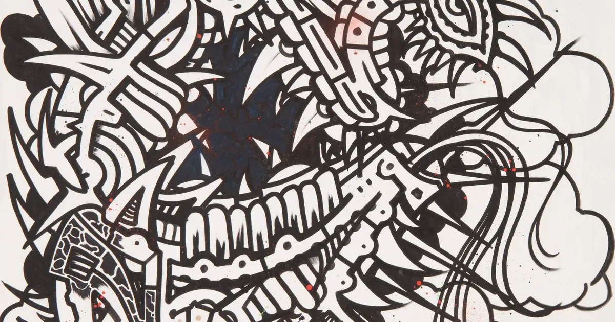 Black and white ink drawing with dense, interlocking abstract linear patterns and organic forms suggesting a stylized face or skull.