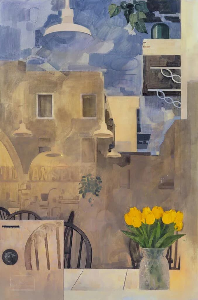 Oil painting of an urban interior with yellow-toned buildings, windows, and architectural elements; yellow tulips in a vase on a table in foreground with chairs.
