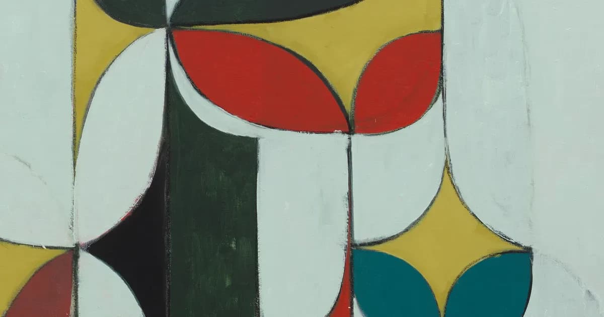 Abstract geometric mixed-media composition with bold curved forms in red, white, black, mustard yellow, and teal; modernist color-field painting fragment.