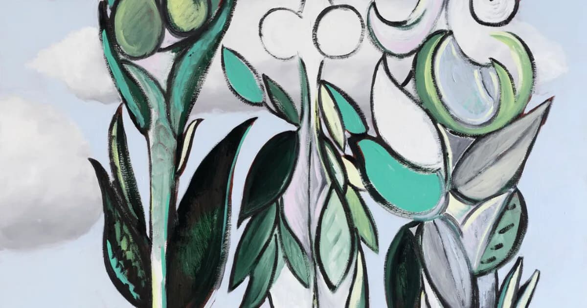 Abstract botanical drawing in mixed media featuring stylized leaves and flowers in green, teal, black, and gray with flowing, organic lines.