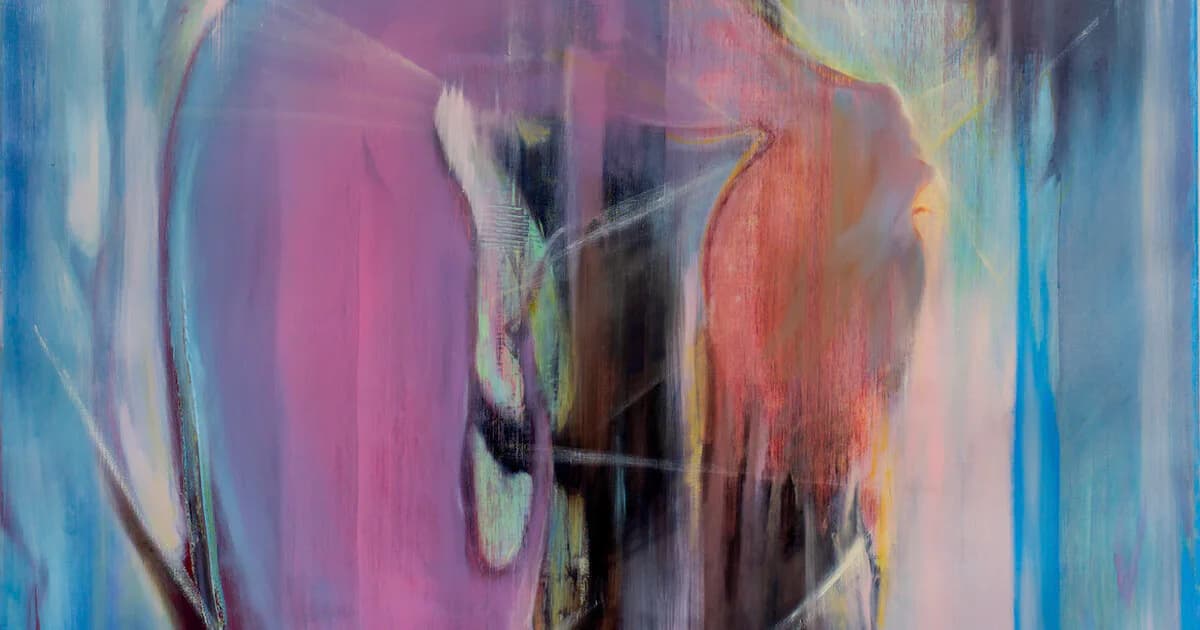Abstract painting with fluid, gestural brushstrokes in pink, purple, blue, red, and yellow creating an atmospheric, dreamlike composition.