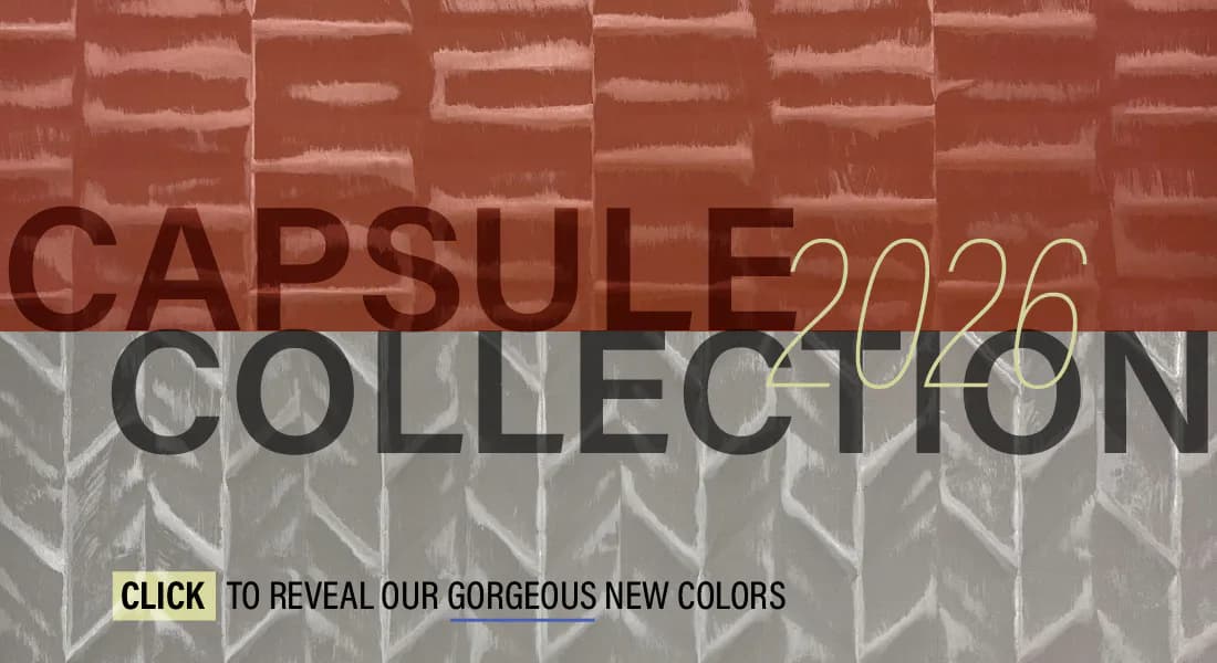 Design flyer with overlapping geometric patterns in rust and gray, large text reading 'CAPSULE 2026 COLLECTION' with a call-to-action button about new colors.