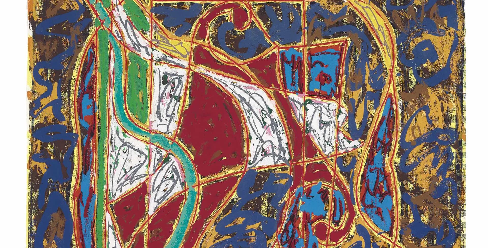 Abstract mixed-media composition with bold geometric shapes in deep blue, burgundy, white, green, and gold, featuring interlocking forms and decorative patterning.