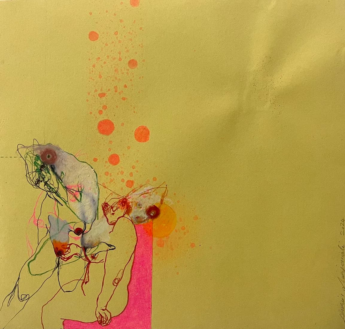 Mixed-media drawing on yellow paper featuring loosely sketched figures with flowing lines, accented by red watercolor splatters and geometric shapes.