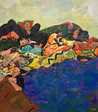 Vibrant mixed-media painting with gestural figures in bright yellows, oranges, and blues arranged against a dark triangular form and deep blue background.