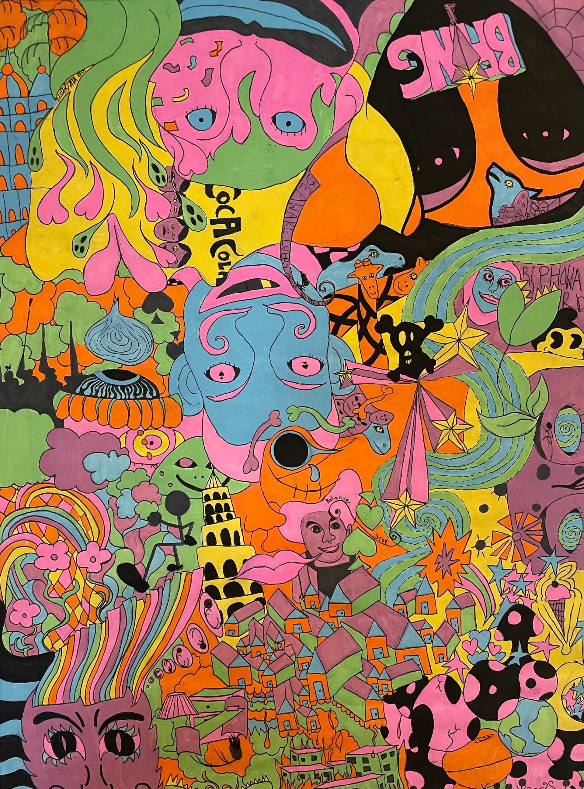 Densely layered psychedelic illustration in hot pink, orange, yellow, blue, and green with surreal faces, creatures, text, and organic forms.