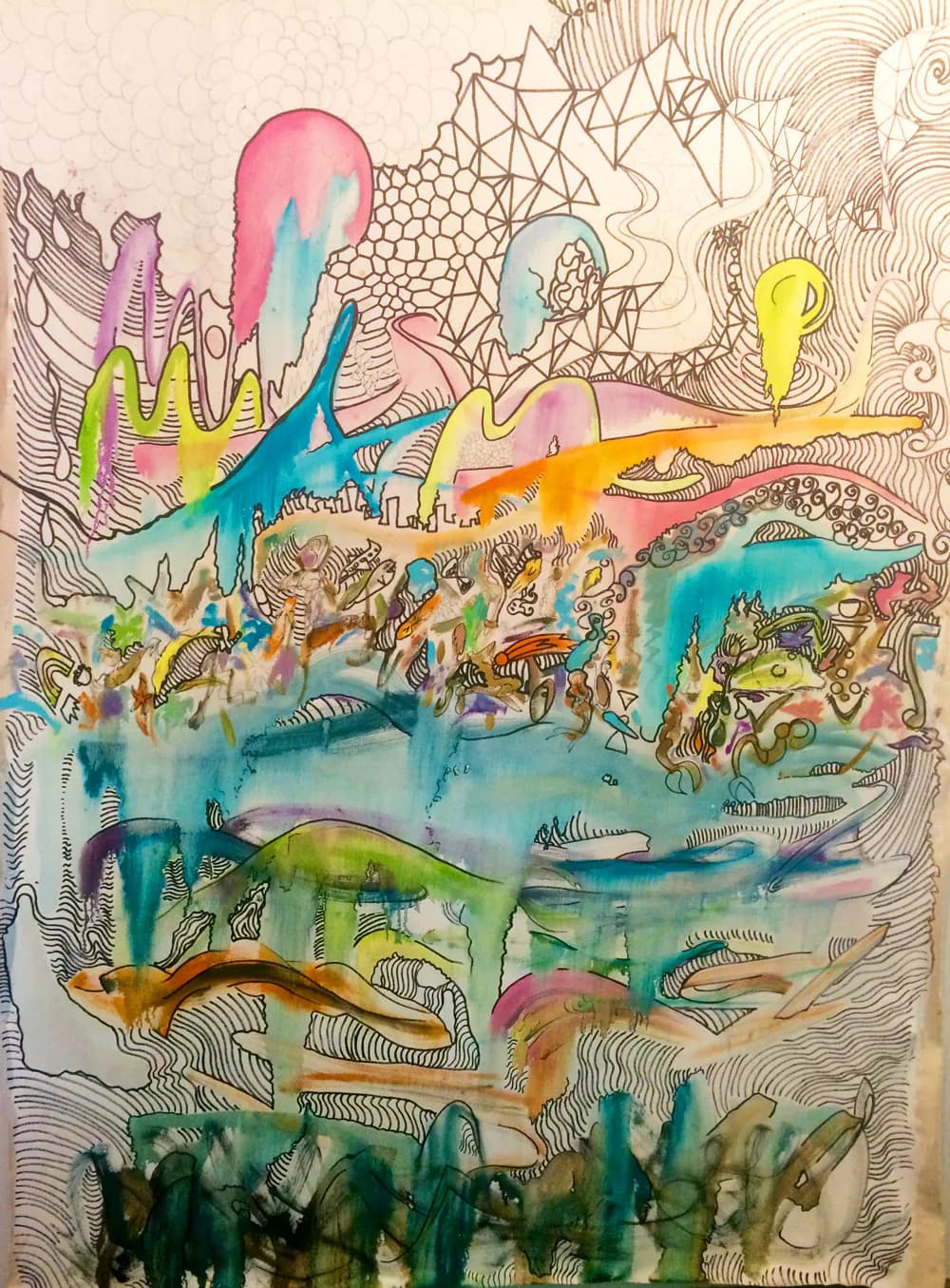 Mixed-media drawing combining pen line-work with watercolor washes in blue, pink, yellow, and green depicting abstract underwater or fantastical creatures.