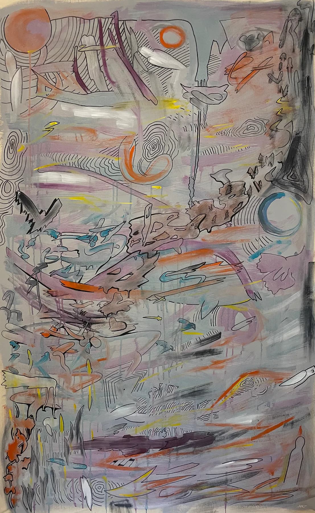 Abstract mixed-media composition with expressive pen line-work, watercolor splashes in orange, blue, purple, and yellow on a neutral gray ground.