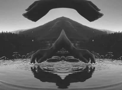 Black and white symmetrical photograph of a snow-capped mountain reflected in still water, creating a mirrored composition.