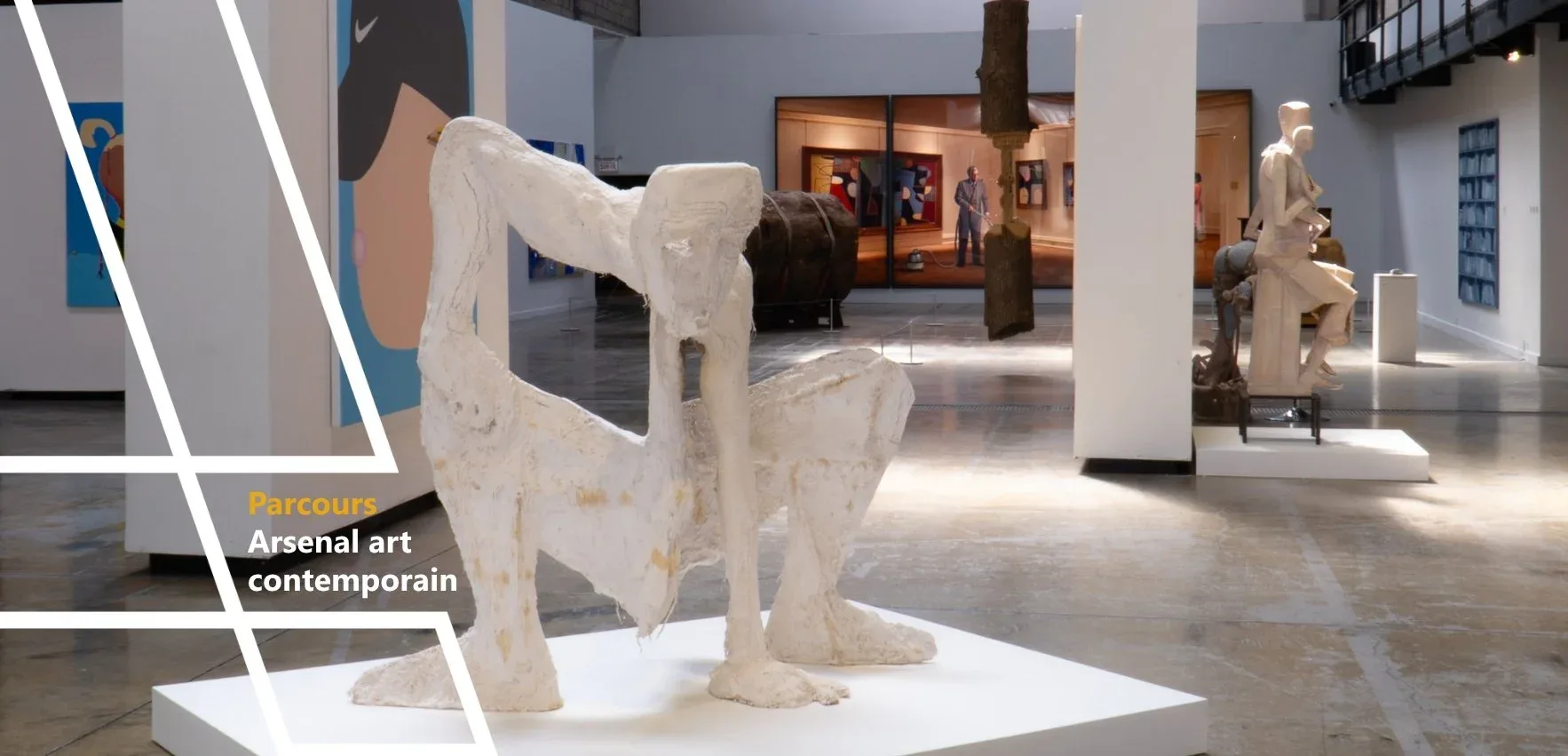 Arsenal Contemporary gallery interior with cream-colored abstract sculptural forms on white pedestals, polished concrete floors, and framed artworks visible in background galleries.