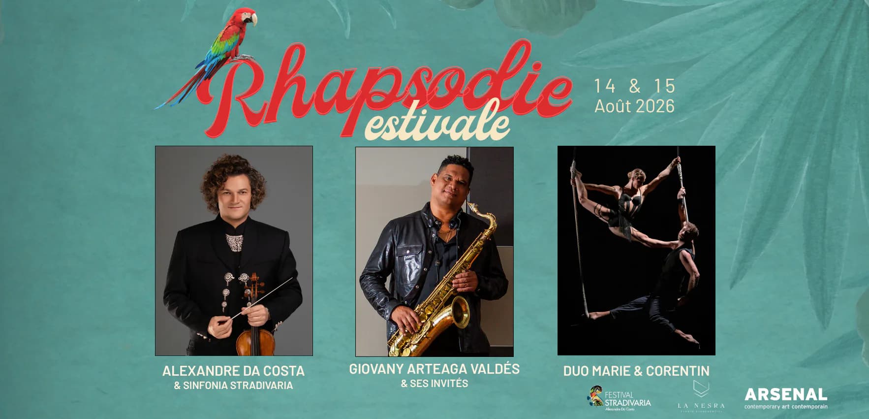 Rhapsodie estivale festival poster with teal background, red text, musician headshots, and event dates August 14-15, 2026 at Arsenal.