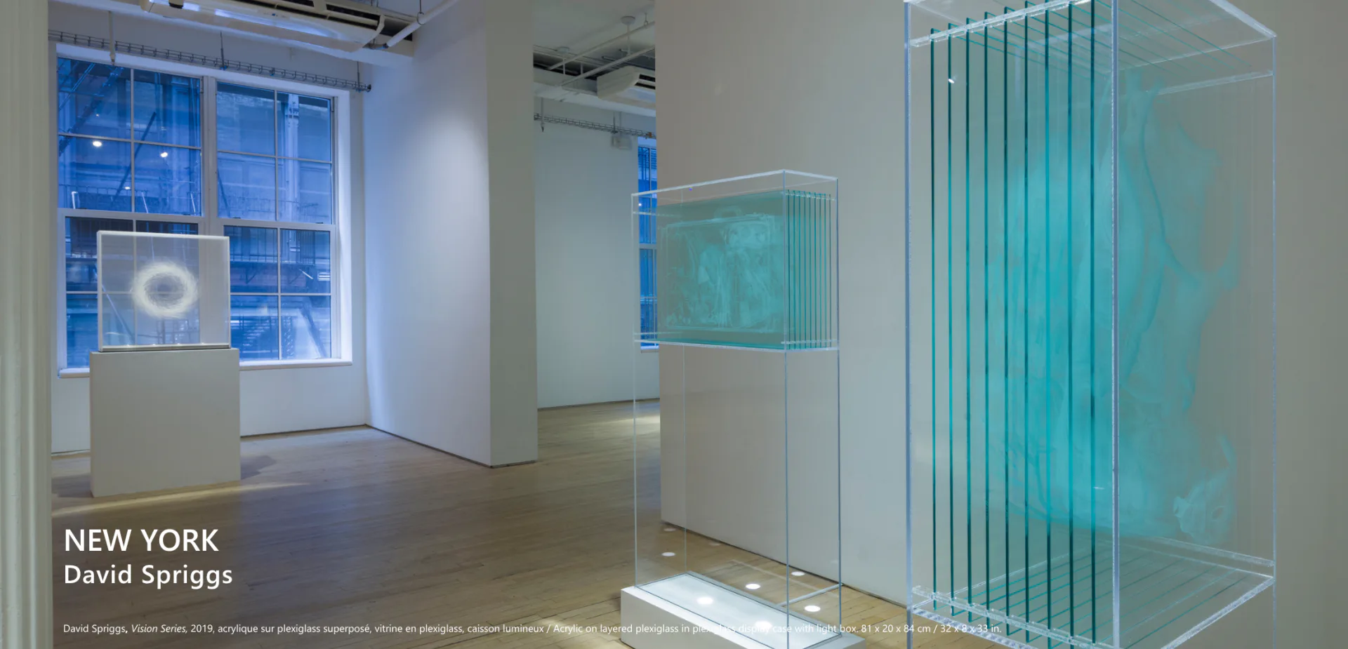 Gallery interior in New York by David Spriggs featuring turquoise-tinted glass installations and minimalist white walls with natural light from large windows.