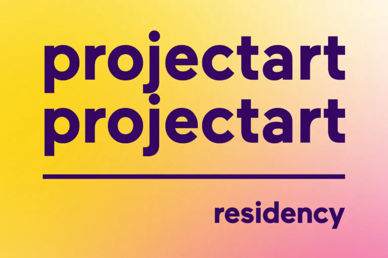 Yellow-to-pink gradient graphic with purple text reading 'projectart projectart' and 'residency' below a horizontal line.