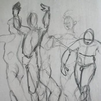 Pencil sketch drawing of four elongated human figures in dynamic standing poses with gestural line work.
