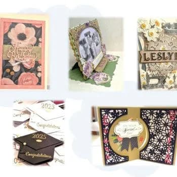 Five handmade greeting cards and paper crafts displaying mixed media including floral patterns, portraits, and decorative elements in various colors and textures.