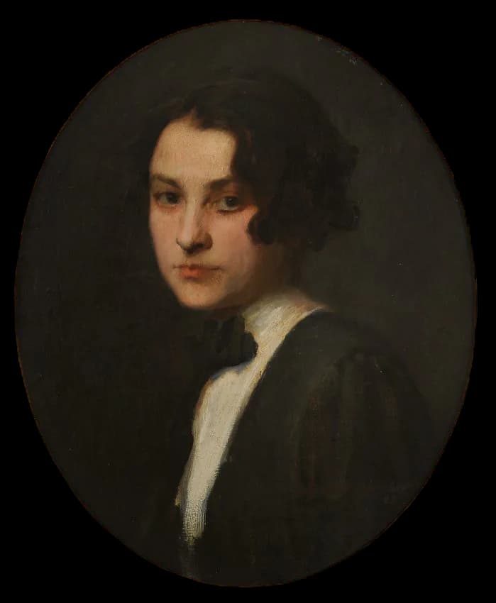 Classical portrait painting of a young person with dark hair in profile, wearing black clothing with white collar detail, against dark background.
