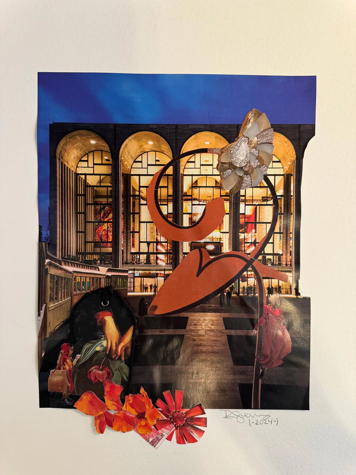 Mixed-media collage featuring an illuminated arched theater facade with a large red sculptural form, artificial flowers, and layered photographic elements.